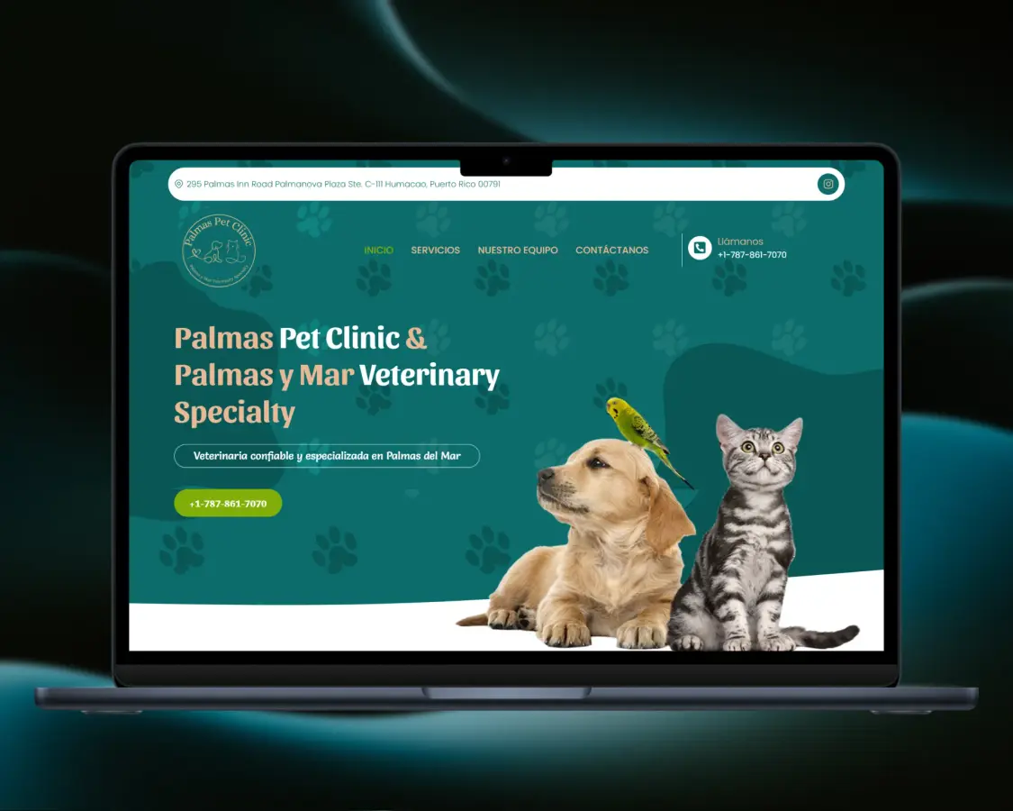 WordPress project mockup for Palmas Pet Clinic and Palmas y Mar Veterinary Specialty