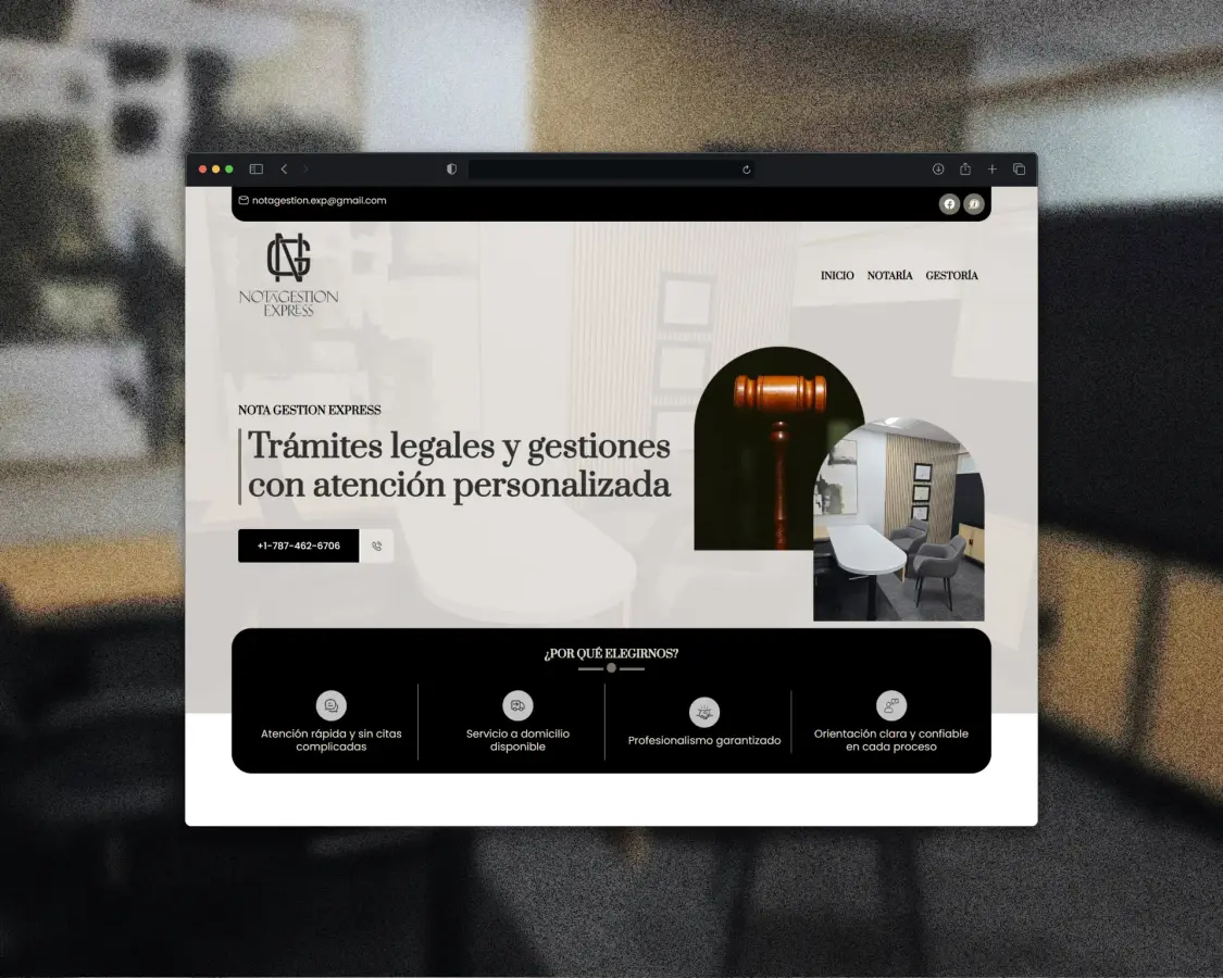 Mockup of the Nota Gestion Express landing page, built with WordPress.